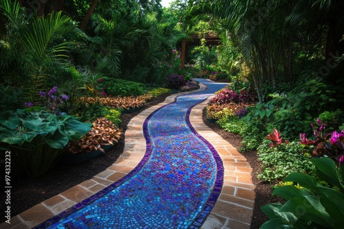 Colorful mosaic tiles cover a winding walkway through a lush garden photo