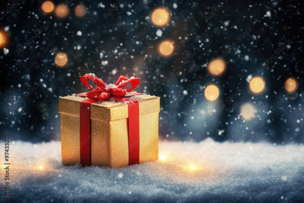 Golden Christmas Present Box with Red Ribbon on Snowy Background. Glowing Lights and Blurred Winter Forest at Night Golden Christmas Present Box with Red Ribbon on Snowy Background. Glowing Lights and Blurred Winter Forest at Night