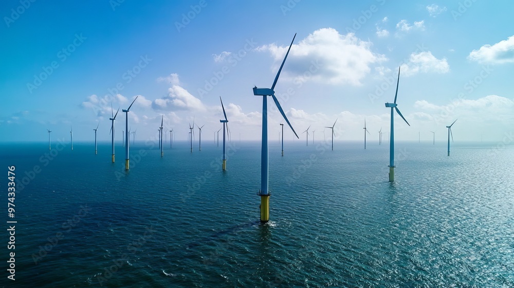 Windmills in the ocean create clean energy in the Netherlands. This image was taken by a drone flying over the wind farm. Windmills in the ocean create clean energy in the Netherlands. This image was taken by a drone flying over the wind farm.