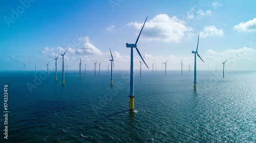 Windmills in the ocean create clean energy in the Netherlands. This image was taken by a drone flying over the wind farm.