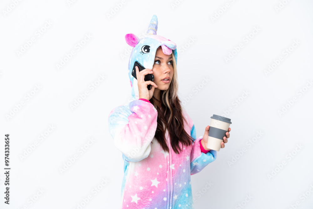 Young Russian woman wearing a unicorn pajama isolated on white background holding coffee to take away and a mobile Young Russian woman wearing a unicorn pajama isolated on white background holding coffee to take away and a mobile