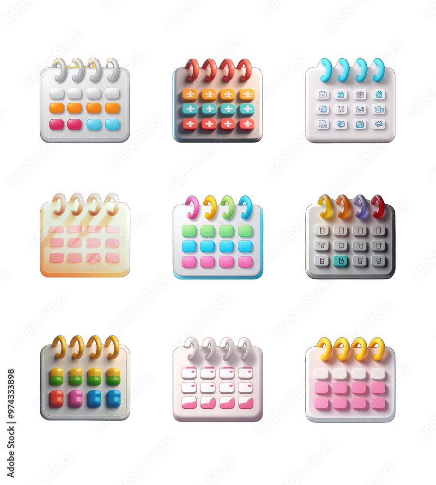 Icon collection Vibrant calendar icons in various styles, ideal for scheduling, reminders, events Icon collection Vibrant calendar icons in various styles, ideal for scheduling, reminders, events