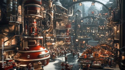 A magical view of Santa's toy factory, with elves assembling toys and machinery in motion, creating the perfect festive setting.