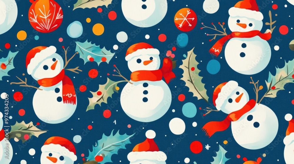 A vibrant grid of snowmen, holly leaves, and New Year's confetti, capturing the joy of Christmas and New Year. Perfect seamless pattern for festive designs A vibrant grid of snowmen, holly leaves, and New Year's confetti, capturing the joy of Christmas and New Year. Perfect seamless pattern for festive designs