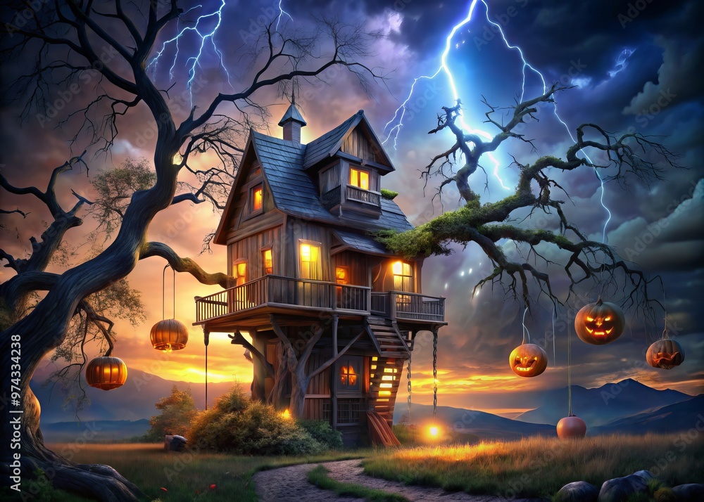Halloween haunted treehouse eerie lightning Halloween haunted treehouse eerie lightning