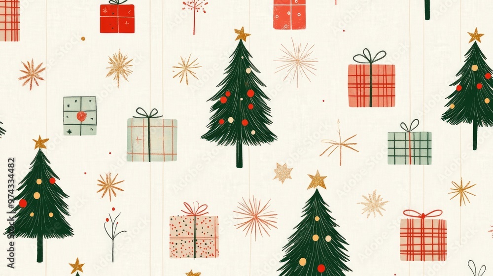 Chic and elegant grid pattern with Christmas trees, holiday presents, and sparkling New Year's fireworks, perfect for joyful holiday cards