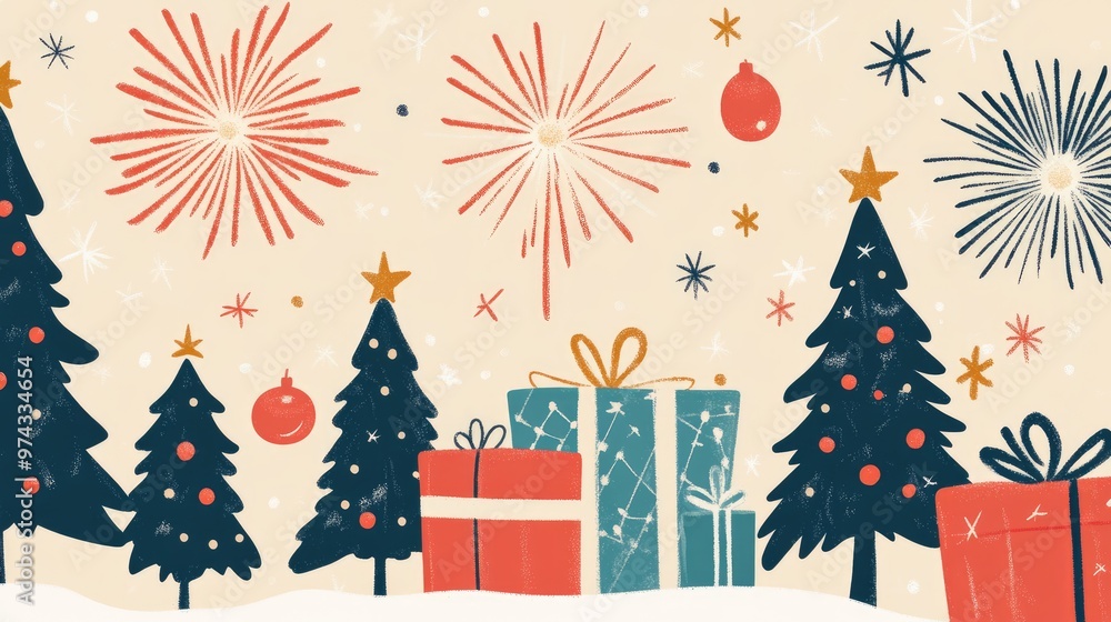 Elegant grid layout with Christmas trees, presents, and New Year's fireworks, perfect for a joyful and sophisticated holiday card design Elegant grid layout with Christmas trees, presents, and New Year's fireworks, perfect for a joyful and sophisticated holiday card design