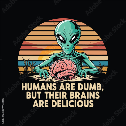 Vector t-shirt design Vintage retro sunset. an alien with a hungry look