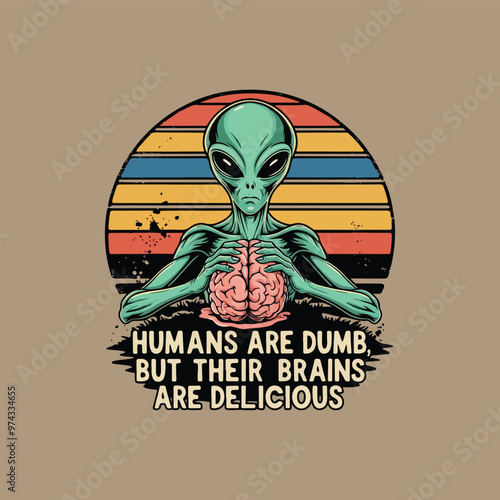 Vector t-shirt design Vintage retro sunset. an alien with a hungry look