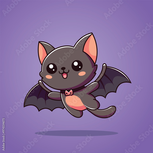 Cute Cat Bat Flying Cartoon Vector Icon Illustration. Animal Halloween Icon Concept Isolated Premium Vector. Flat Cartoon Style