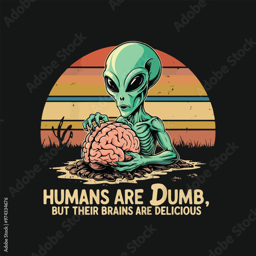 Vector t-shirt design Vintage retro sunset. an alien with a hungry look