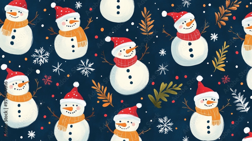 A vibrant grid of snowmen, holly leaves, and New Year's confetti, capturing the joy of Christmas and New Year. Perfect seamless pattern for festive designs A vibrant grid of snowmen, holly leaves, and New Year's confetti, capturing the joy of Christmas and New Year. Perfect seamless pattern for festive designs