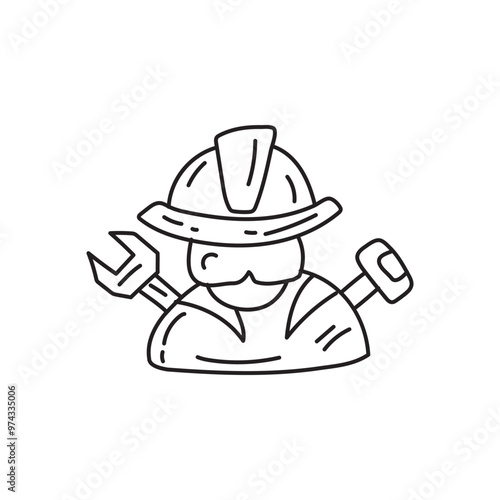 Construction worker cartoon icon with helmet, wrench and hammer.  Illustration of a handyman with tools for DIY projects or construction labor.