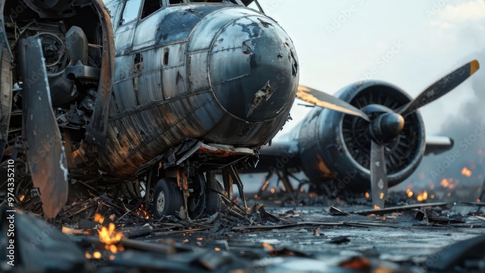Charred remains of a plane after an accident, wreckage scattered around. Charred remains of a plane after an accident, wreckage scattered around.