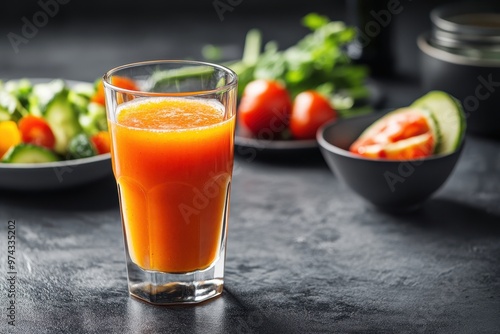 A refreshing glass of orange juice with fresh vegetables in the background.