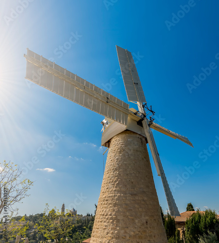 Montefiore windmill is old architectural building from 19 century in Jerusale...