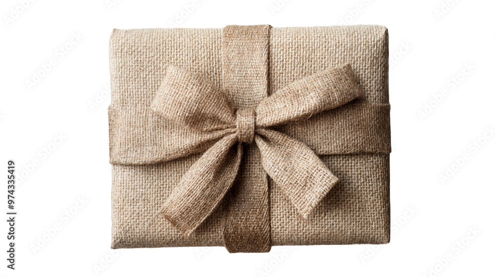 Burlap-Wrapped Christmas Gift with Large Jute Bow, Sustainable Holiday Packaging, Isolated on Transparent Background