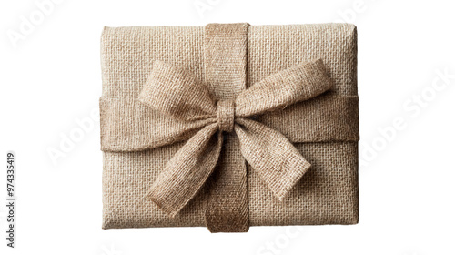 Burlap-Wrapped Christmas Gift with Large Jute Bow, Sustainable Holiday Packaging, Isolated on Transparent Background