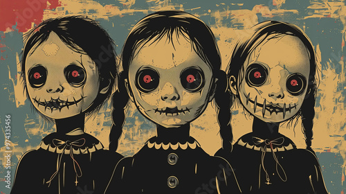  illustration of three creepy dolls with evil smiles photo