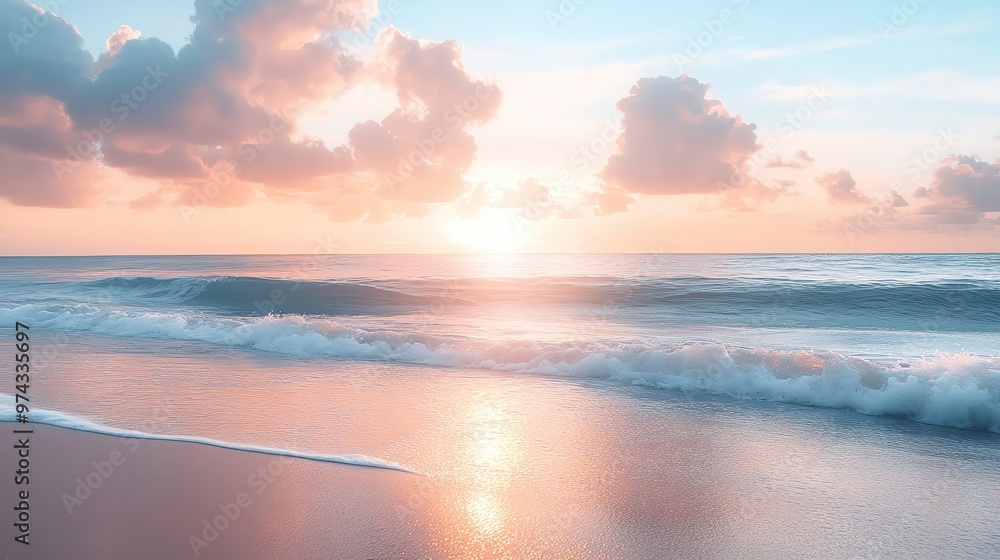 Fototapeta premium A serene beach sunset with soft waves and colorful clouds reflecting the tranquil beauty of nature at dusk.