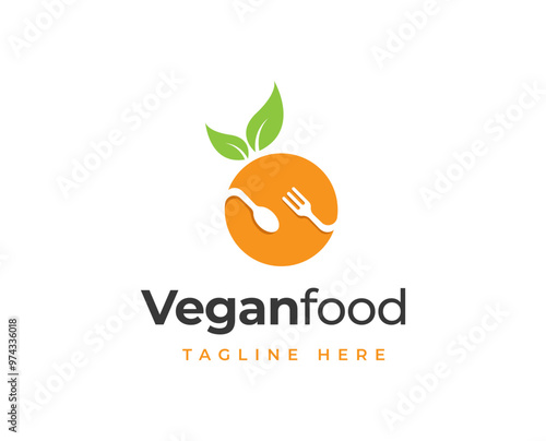 Vegan food logo design with fork and spoon fruit element illustration