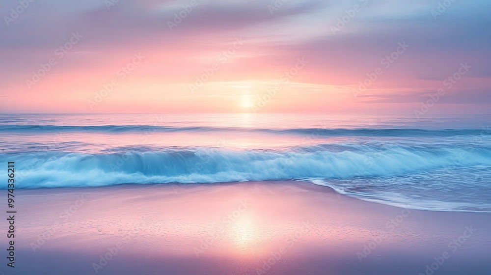 A serene beach scene at sunset, showcasing gentle waves and soft pastel colors reflecting on the water's surface. A serene beach scene at sunset, showcasing gentle waves and soft pastel colors reflecting on the water's surface.