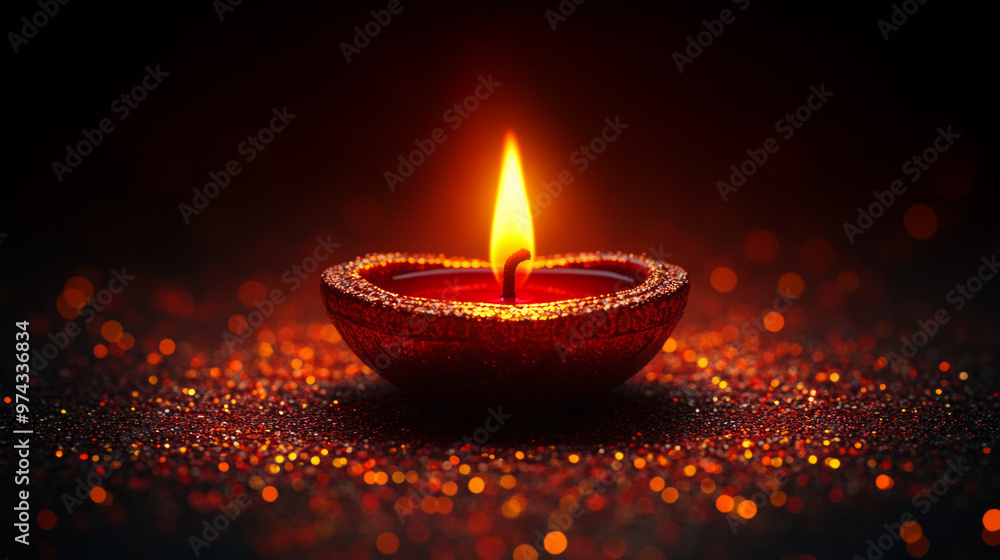Burning oil lamp with glittering background, casting a warm glow in a dark setting, Generative AI Burning oil lamp with glittering background, casting a warm glow in a dark setting, Generative AI