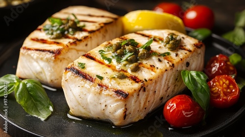 Perfectly grilled swordfish steaks with grill marks, with a caper and lemon butter sauce, accompanied by cherry tomatoes and fresh basil. Photography Stock.