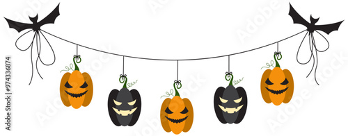 Halloween party decoration garland with bats, pumpkins, witch hat. Cute Jack O Lantern Evil Pumpkin Garland for Halloween. Simple banner hanging party classy decor vector element.