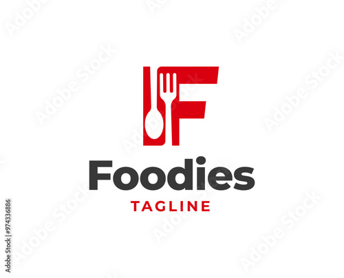 Letter F restaurant logo design with fork and spoon icon element vector illustration