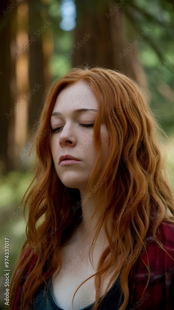 Serene Cinematic Portrait of a Woman with Fiery Red Hair Standing in a Forest – Soft Lighting and Tall Trees Create a Peaceful, Nature-Inspired Scene for Atmospheric Art & Photography Lovers Serene Cinematic Portrait of a Woman with Fiery Red Hair Standing in a Forest – Soft Lighting and Tall Trees Create a Peaceful, Nature-Inspired Scene for Atmospheric Art & Photography Lovers