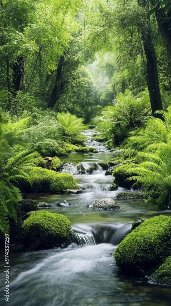 Tranquil Forest Stream with Clear Water Flowing over Mossy Rocks Surrounded by Tall Trees and Ferns Tranquil Forest Stream with Clear Water Flowing over Mossy Rocks Surrounded by Tall Trees and Ferns