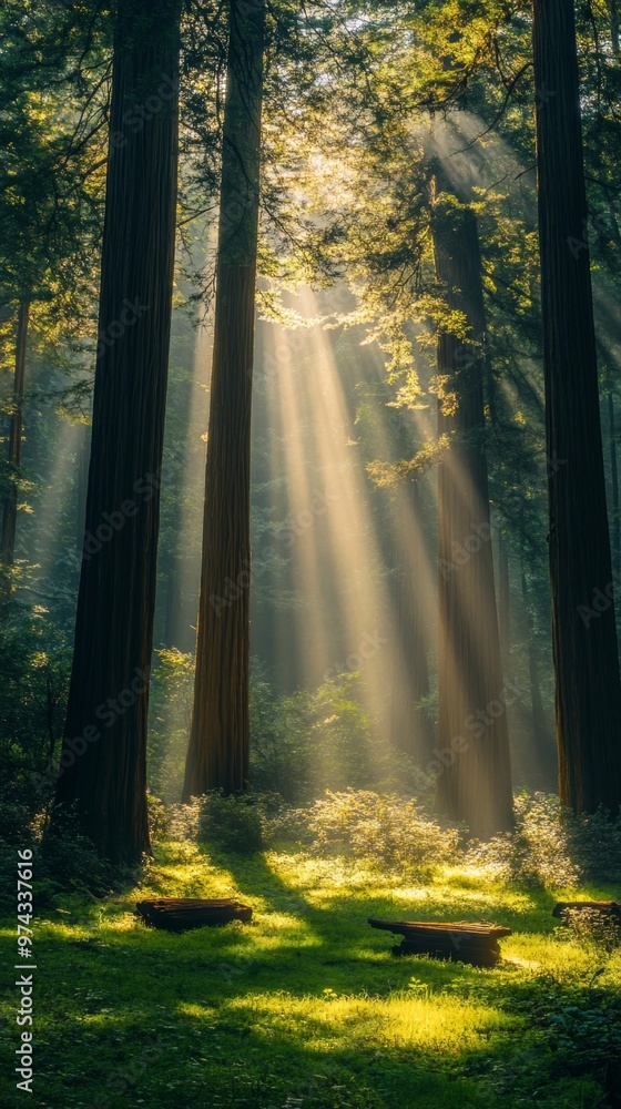 Fototapeta premium Sunbeams Filtering Through Misty Redwood Forest