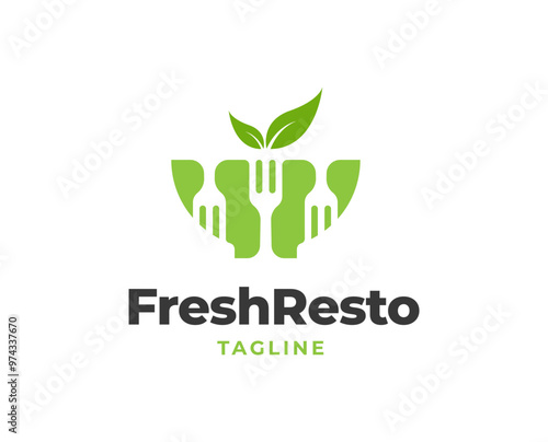 Restaurant logo design with bowl fork and leaf nature element illustration