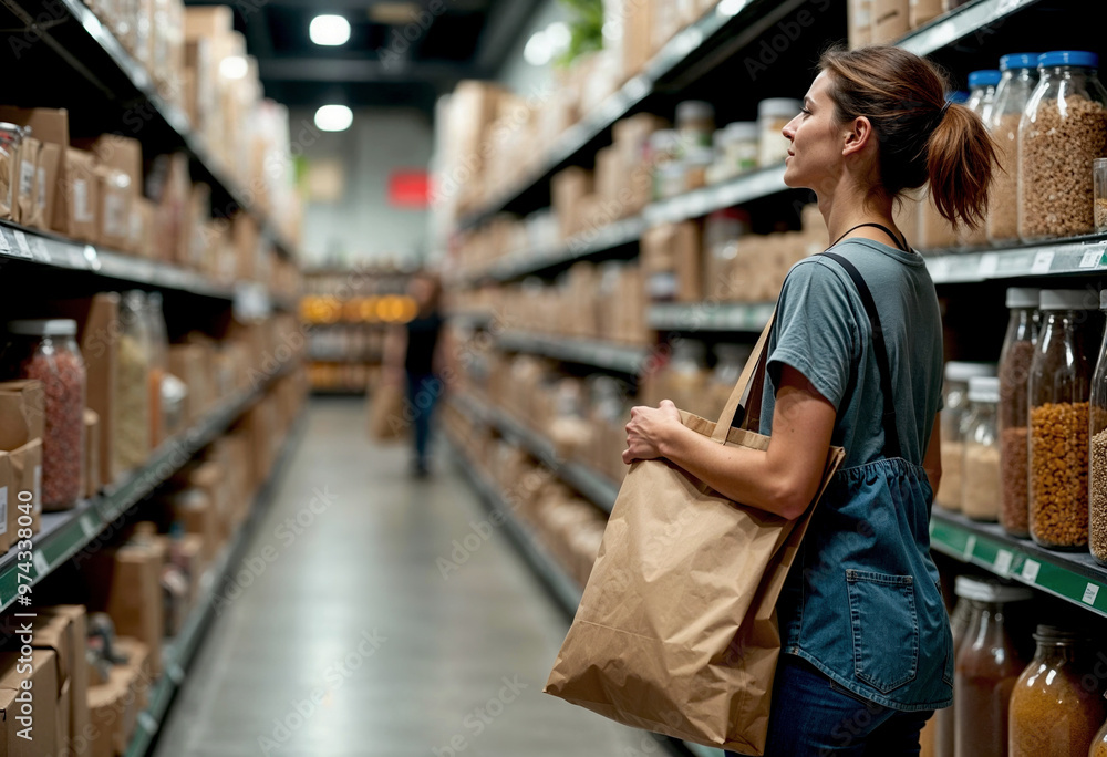 Woman shopping in an aisle at a grocery store carrying a reusable paper bag Woman shopping in an aisle at a grocery store carrying a reusable paper bag