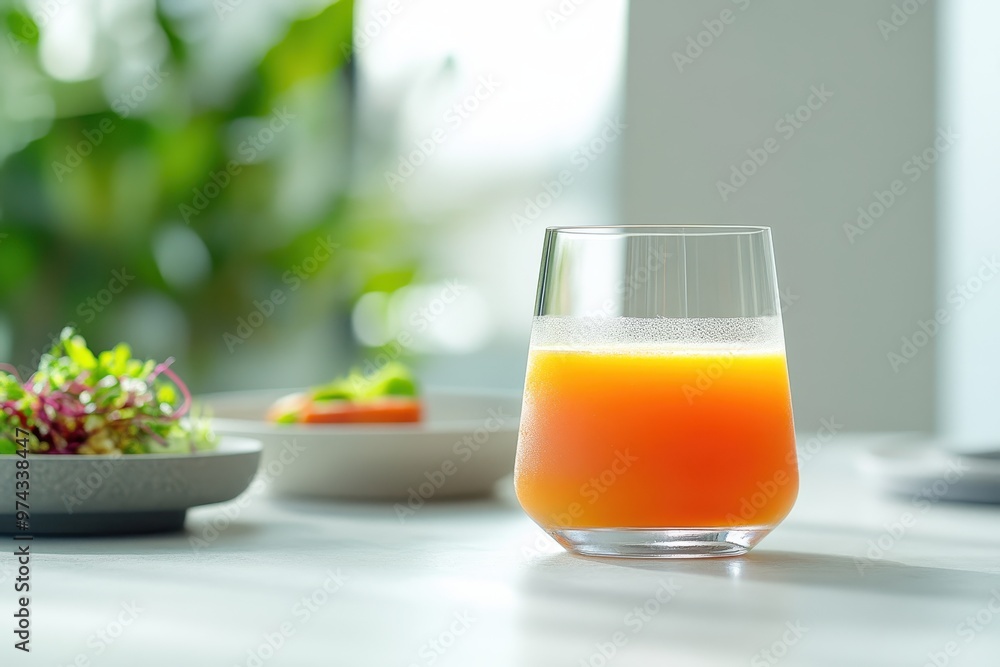 A refreshing orange drink in a glass, accompanied by a plate of colorful food. A refreshing orange drink in a glass, accompanied by a plate of colorful food.