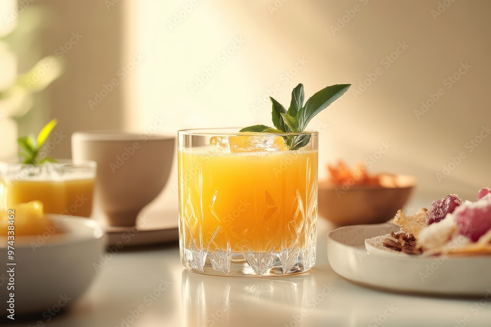 Fototapeta premium A refreshing orange drink garnished with mint, surrounded by small dishes of food.