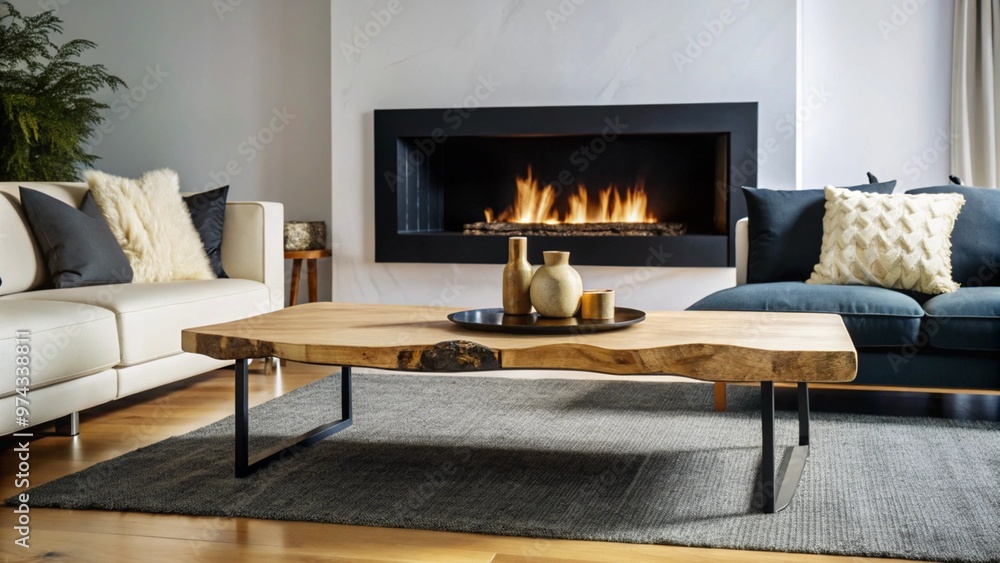 Wood slab coffee table, sofa with beige pillows near fireplace against white wall with copy space. Scandinavian home interior design of modern living room.
Wood slab coffee table, sofa with beige pillows near fireplace against white wall with copy space. Scandinavian home interior design of modern living room.