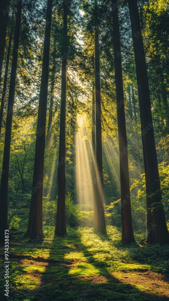 Fototapeta premium Majestic Redwood Forest: Sunlight Through Canopy