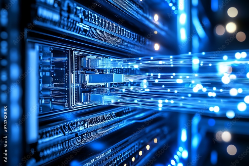 Close-up view of high-speed data transfer in a futuristic server room with blue LED lights Close-up view of high-speed data transfer in a futuristic server room with blue LED lights