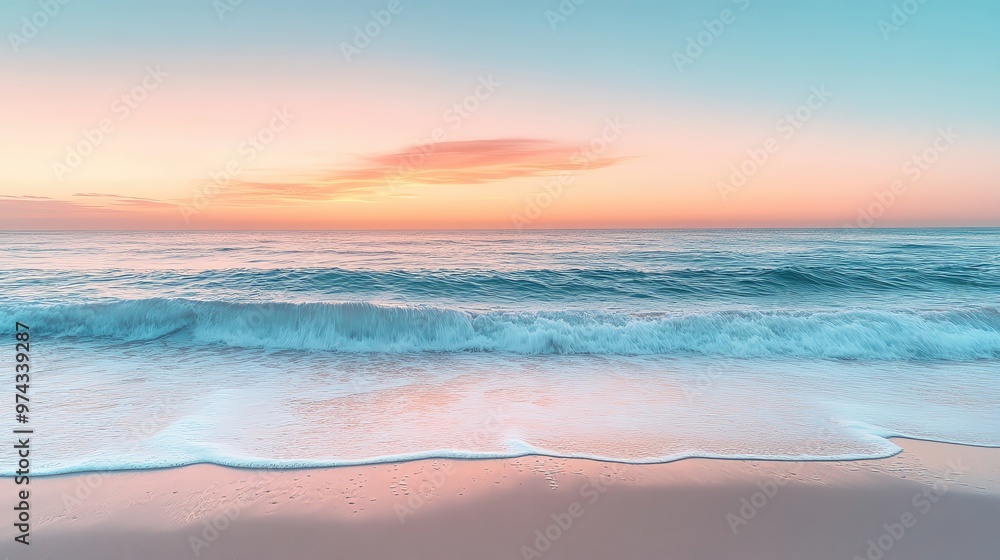 A serene beach scene at sunset, featuring gentle waves and a pastel sky, perfect for evoking calm and relaxation. A serene beach scene at sunset, featuring gentle waves and a pastel sky, perfect for evoking calm and relaxation.