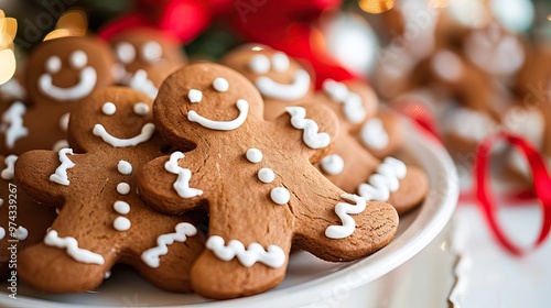 Festive Gingerbread Cookies Decorated with Icing in the Shape of Smiling Gingerbread Men for Christmas