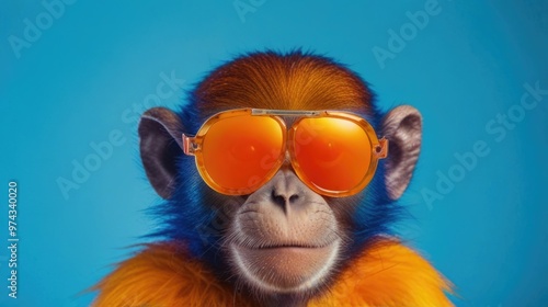 Monkey wearing sunglasses over a color background,