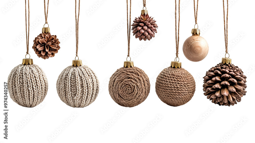 Hanging Christmas Ornaments Made of Pine Cones, Wooden Stars, and Knitted Balls, Isolated on Transparent Background