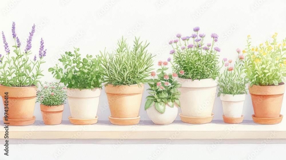 A vibrant display of potted herbs and flowers elegantly arranged on a wooden shelf, ideal for a refreshing home ambiance. A vibrant display of potted herbs and flowers elegantly arranged on a wooden shelf, ideal for a refreshing home ambiance.
