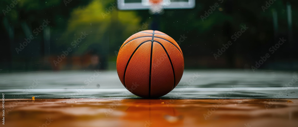 A basketball is sitting on a wet court A basketball is sitting on a wet court