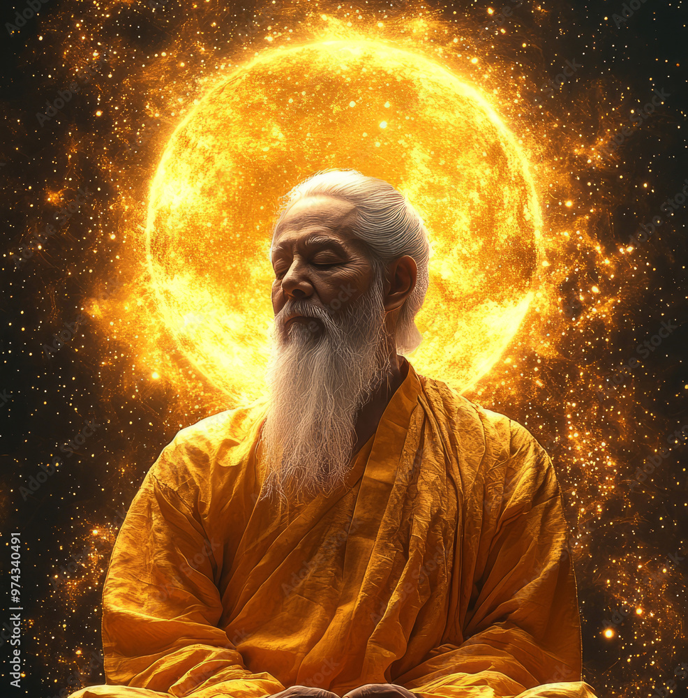 A Chinese white-bearded wise Taoist priest wearing golden clothes, sitting on a high mountain A Chinese white-bearded wise Taoist priest wearing golden clothes, sitting on a high mountain