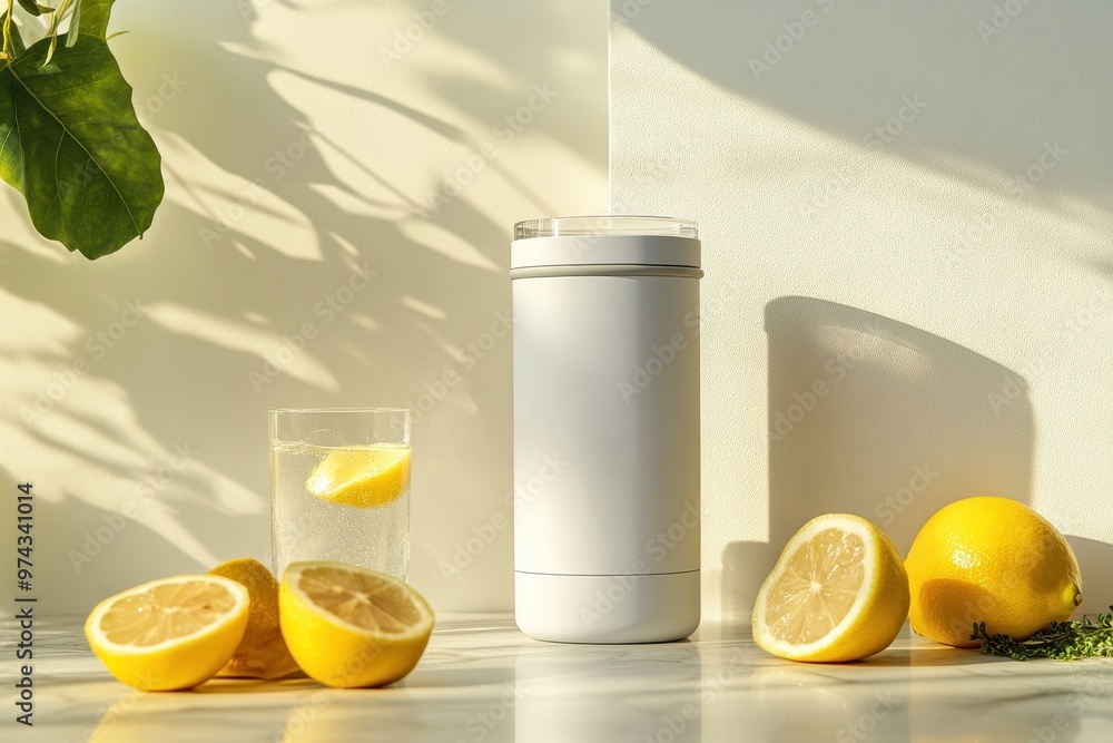 A refreshing scene with lemons, a drink, and a container, emphasizing hydration and freshness. A refreshing scene with lemons, a drink, and a container, emphasizing hydration and freshness.