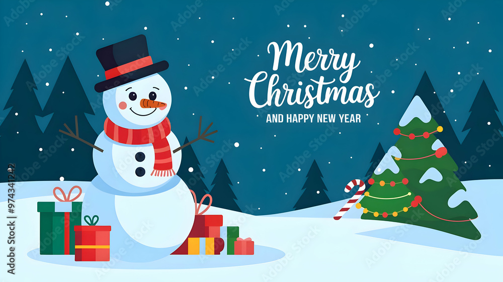 Merry christmas and happy new year greeting card with copy-space.Happy snowman standing in christmas landscape.Snow background.Winter fairytale.,merry Christmas Merry christmas and happy new year greeting card with copy-space.Happy snowman standing in christmas landscape.Snow background.Winter fairytale.,merry Christmas