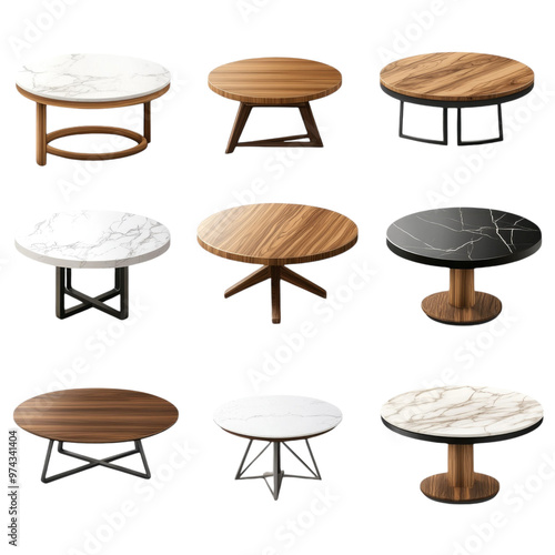 Set of various modern living room table on isolated transparent cutout PNG Background